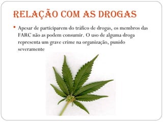 Relação com as drogas Apesar de participarem do tráfico de drogas, os membros das FARC não as podem consumir. O uso de alguma droga representa um grave crime na organização, punido severamente 