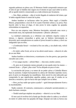 segundo puñetazo en plena cara. El Hermoso Smith comprendió entonces que
el sitio en que se hallaba más seguro era el mismo en que cayó sobre la nieve;
allí se quedó inmóvil, renunciando ya a todo esfuerzo por levantarse.
—Ven, Matt, ayúdame —dijo el recién llegado al conductor del trineo, que
le había seguido hasta el centro de la pista.
Ambos hombres se inclinaron sobre los perros. Matt cogió a Colmillo
Blanco, preparándose a tirar de él en cuanto Cherokee soltara a su presa. Para
hacerle abrir la boca al dogo, el más joven le tenía cogidas las quijadas
esforzándose en separarlas.
Pero era una empresa vana. Mientras forcejeaba, estirando unas veces y
retorciendo otras, iba repitiendo furiosamente: «¡Brutos! ¡Bestias!».
La multitud comenzaba ya a rebelarse con indómito impulso contra el
intruso, y algunos censuraban a gritos que se hubiera interrumpido su
diversión; pero enmudecieron en cuanto el joven levantó la cabeza y clavó sus
indignados ojos en ellos.
—¡Condenadas fieras! —exclamó al fin con rabia, y sin añadir más, volvió
a su tarea.
—Es inútil, señor Scott; así no se las abrirá usted nunca —observó al cabo
de un rato Matt.
Ambos hombres se detuvieron y examinaron a los dos perros, que parecían
clavados uno a otro.
—Y no sangra mucho —afirmó Matt—. Aún está a medio camino.
—Sí, pero en el momento menos pensado se nos queda entre las manos —
contestó Scott—. ¡Fíjate! ¿Has visto? Ya ha aflojado un poco el otro.
La excitación del joven y su temor de no poder salvar a Colmillo Blanco
iban en aumento. Golpeó furiosamente la cabeza de Cherokee repetidas veces;
pero el perro no despegaba las mandíbulas. Solo movió la cola indicando que
comprendía lo que significaban aquellos golpes, pero que él estaba en su
derecho a resistirse y que no hacía más que cumplir con su deber.
—Pero ¿no hay nadie que quiera ayudar? —gritó desesperadamente Scott a
la muchedumbre.
Nadie contestó. Al contrario, comenzaron a aclamarle sarcásticamente y a
darle burlones consejos.
—Tendrá usted que emplear una palanca —observó a su vez Matt.
El otro sacó el revólver de la funda que llevaba sobre la cadera y se esforzó
en meter el cañón entre las quijadas del dogo. Empujó con toda su fuerza una
 