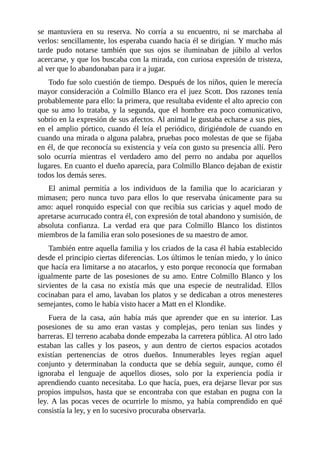 se mantuviera en su reserva. No corría a su encuentro, ni se marchaba al
verlos: sencillamente, los esperaba cuando hacia él se dirigían. Y mucho más
tarde pudo notarse también que sus ojos se iluminaban de júbilo al verlos
acercarse, y que los buscaba con la mirada, con curiosa expresión de tristeza,
al ver que lo abandonaban para ir a jugar.
Todo fue solo cuestión de tiempo. Después de los niños, quien le merecía
mayor consideración a Colmillo Blanco era el juez Scott. Dos razones tenía
probablemente para ello: la primera, que resultaba evidente el alto aprecio con
que su amo lo trataba, y la segunda, que el hombre era poco comunicativo,
sobrio en la expresión de sus afectos. Al animal le gustaba echarse a sus pies,
en el amplio pórtico, cuando él leía el periódico, dirigiéndole de cuando en
cuando una mirada o alguna palabra, pruebas poco molestas de que se fijaba
en él, de que reconocía su existencia y veía con gusto su presencia allí. Pero
solo ocurría mientras el verdadero amo del perro no andaba por aquellos
lugares. En cuanto el dueño aparecía, para Colmillo Blanco dejaban de existir
todos los demás seres.
El animal permitía a los individuos de la familia que lo acariciaran y
mimasen; pero nunca tuvo para ellos lo que reservaba únicamente para su
amo: aquel ronquido especial con que recibía sus caricias y aquel modo de
apretarse acurrucado contra él, con expresión de total abandono y sumisión, de
absoluta confianza. La verdad era que para Colmillo Blanco los distintos
miembros de la familia eran solo posesiones de su maestro de amor.
También entre aquella familia y los criados de la casa él había establecido
desde el principio ciertas diferencias. Los últimos le tenían miedo, y lo único
que hacía era limitarse a no atacarlos, y esto porque reconocía que formaban
igualmente parte de las posesiones de su amo. Entre Colmillo Blanco y los
sirvientes de la casa no existía más que una especie de neutralidad. Ellos
cocinaban para el amo, lavaban los platos y se dedicaban a otros menesteres
semejantes, como le había visto hacer a Matt en el Klondike.
Fuera de la casa, aún había más que aprender que en su interior. Las
posesiones de su amo eran vastas y complejas, pero tenían sus lindes y
barreras. El terreno acababa donde empezaba la carretera pública. Al otro lado
estaban las calles y los paseos, y aun dentro de ciertos espacios acotados
existían pertenencias de otros dueños. Innumerables leyes regían aquel
conjunto y determinaban la conducta que se debía seguir, aunque, como él
ignoraba el lenguaje de aquellos dioses, solo por la experiencia podía ir
aprendiendo cuanto necesitaba. Lo que hacía, pues, era dejarse llevar por sus
propios impulsos, hasta que se encontraba con que estaban en pugna con la
ley. A las pocas veces de ocurrirle lo mismo, ya había comprendido en qué
consistía la ley, y en lo sucesivo procuraba observarla.
 