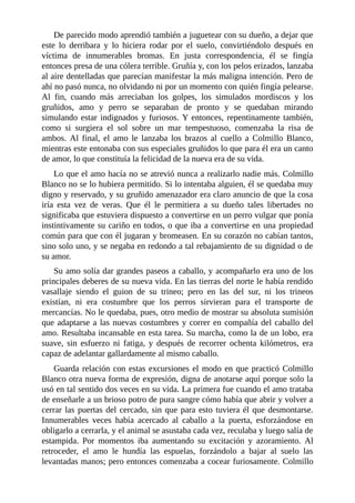 De parecido modo aprendió también a juguetear con su dueño, a dejar que
este lo derribara y lo hiciera rodar por el suelo, convirtiéndolo después en
víctima de innumerables bromas. En justa correspondencia, él se fingía
entonces presa de una cólera terrible. Gruñía y, con los pelos erizados, lanzaba
al aire dentelladas que parecían manifestar la más maligna intención. Pero de
ahí no pasó nunca, no olvidando ni por un momento con quién fingía pelearse.
Al fin, cuando más arreciaban los golpes, los simulados mordiscos y los
gruñidos, amo y perro se separaban de pronto y se quedaban mirando
simulando estar indignados y furiosos. Y entonces, repentinamente también,
como si surgiera el sol sobre un mar tempestuoso, comenzaba la risa de
ambos. Al final, el amo le lanzaba los brazos al cuello a Colmillo Blanco,
mientras este entonaba con sus especiales gruñidos lo que para él era un canto
de amor, lo que constituía la felicidad de la nueva era de su vida.
Lo que el amo hacía no se atrevió nunca a realizarlo nadie más. Colmillo
Blanco no se lo hubiera permitido. Si lo intentaba alguien, él se quedaba muy
digno y reservado, y su gruñido amenazador era claro anuncio de que la cosa
iría esta vez de veras. Que él le permitiera a su dueño tales libertades no
significaba que estuviera dispuesto a convertirse en un perro vulgar que ponía
instintivamente su cariño en todos, o que iba a convertirse en una propiedad
común para que con él jugaran y bromeasen. En su corazón no cabían tantos,
sino solo uno, y se negaba en redondo a tal rebajamiento de su dignidad o de
su amor.
Su amo solía dar grandes paseos a caballo, y acompañarlo era uno de los
principales deberes de su nueva vida. En las tierras del norte le había rendido
vasallaje siendo el guion de su trineo; pero en las del sur, ni los trineos
existían, ni era costumbre que los perros sirvieran para el transporte de
mercancías. No le quedaba, pues, otro medio de mostrar su absoluta sumisión
que adaptarse a las nuevas costumbres y correr en compañía del caballo del
amo. Resultaba incansable en esta tarea. Su marcha, como la de un lobo, era
suave, sin esfuerzo ni fatiga, y después de recorrer ochenta kilómetros, era
capaz de adelantar gallardamente al mismo caballo.
Guarda relación con estas excursiones el modo en que practicó Colmillo
Blanco otra nueva forma de expresión, digna de anotarse aquí porque solo la
usó en tal sentido dos veces en su vida. La primera fue cuando el amo trataba
de enseñarle a un brioso potro de pura sangre cómo había que abrir y volver a
cerrar las puertas del cercado, sin que para esto tuviera él que desmontarse.
Innumerables veces había acercado al caballo a la puerta, esforzándose en
obligarlo a cerrarla, y el animal se asustaba cada vez, reculaba y luego salía de
estampida. Por momentos iba aumentando su excitación y azoramiento. Al
retroceder, el amo le hundía las espuelas, forzándolo a bajar al suelo las
levantadas manos; pero entonces comenzaba a cocear furiosamente. Colmillo
 