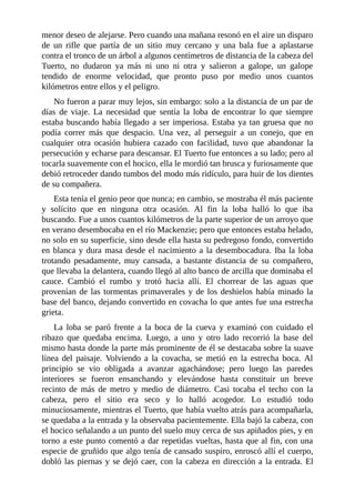 menor deseo de alejarse. Pero cuando una mañana resonó en el aire un disparo
de un rifle que partía de un sitio muy cercano y una bala fue a aplastarse
contra el tronco de un árbol a algunos centímetros de distancia de la cabeza del
Tuerto, no dudaron ya más ni uno ni otra y salieron a galope, un galope
tendido de enorme velocidad, que pronto puso por medio unos cuantos
kilómetros entre ellos y el peligro.
No fueron a parar muy lejos, sin embargo: solo a la distancia de un par de
días de viaje. La necesidad que sentía la loba de encontrar lo que siempre
estaba buscando había llegado a ser imperiosa. Estaba ya tan gruesa que no
podía correr más que despacio. Una vez, al perseguir a un conejo, que en
cualquier otra ocasión hubiera cazado con facilidad, tuvo que abandonar la
persecución y echarse para descansar. El Tuerto fue entonces a su lado; pero al
tocarla suavemente con el hocico, ella le mordió tan brusca y furiosamente que
debió retroceder dando tumbos del modo más ridículo, para huir de los dientes
de su compañera.
Esta tenía el genio peor que nunca; en cambio, se mostraba él más paciente
y solícito que en ninguna otra ocasión. Al fin la loba halló lo que iba
buscando. Fue a unos cuantos kilómetros de la parte superior de un arroyo que
en verano desembocaba en el río Mackenzie; pero que entonces estaba helado,
no solo en su superficie, sino desde ella hasta su pedregoso fondo, convertido
en blanca y dura masa desde el nacimiento a la desembocadura. Iba la loba
trotando pesadamente, muy cansada, a bastante distancia de su compañero,
que llevaba la delantera, cuando llegó al alto banco de arcilla que dominaba el
cauce. Cambió el rumbo y trotó hacia allí. El chorrear de las aguas que
provenían de las tormentas primaverales y de los deshielos había minado la
base del banco, dejando convertido en covacha lo que antes fue una estrecha
grieta.
La loba se paró frente a la boca de la cueva y examinó con cuidado el
ribazo que quedaba encima. Luego, a uno y otro lado recorrió la base del
mismo hasta donde la parte más prominente de él se destacaba sobre la suave
línea del paisaje. Volviendo a la covacha, se metió en la estrecha boca. Al
principio se vio obligada a avanzar agachándose; pero luego las paredes
interiores se fueron ensanchando y elevándose hasta constituir un breve
recinto de más de metro y medio de diámetro. Casi tocaba el techo con la
cabeza, pero el sitio era seco y lo halló acogedor. Lo estudió todo
minuciosamente, mientras el Tuerto, que había vuelto atrás para acompañarla,
se quedaba a la entrada y la observaba pacientemente. Ella bajó la cabeza, con
el hocico señalando a un punto del suelo muy cerca de sus apiñados pies, y en
torno a este punto comentó a dar repetidas vueltas, hasta que al fin, con una
especie de gruñido que algo tenía de cansado suspiro, enroscó allí el cuerpo,
dobló las piernas y se dejó caer, con la cabeza en dirección a la entrada. El
 