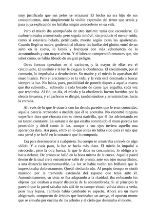 muy justificado que sus pelos se erizaran? El hecho no era hijo de sus
conocimientos, sino simplemente la visible expresión del terror que sentía y
para cuya explicación no hallaba ningún antecedente en su vida.
Pero el miedo iba acompañado de otro instinto: tenía que esconderse. El
cachorro estaba atemorizado, pero seguía inmóvil, sin producir el menor ruido,
como si estuviera helado, petrificado, muerto según todas las apariencias.
Cuando llegó su madre, gruñendo al olfatear las huellas del glotón, entró de un
salto en la cueva, lo lamió y hociqueó con más vehemencia de lo
acostumbrado y con mayor afecto. Y el lobezno comprendió entonces que, sin
saber cómo, se había librado de un gran peligro.
Otras fuerzas operaban en el cachorro, y la mayor de ellas era el
crecimiento. El instinto y la ley le exigían la obediencia. El crecimiento, por el
contrario, lo impulsaba a desobedecer. Su madre y el miedo lo apartaban del
muro blanco. Pero el crecimiento es la vida, y la vida está destinada a buscar
siempre la luz. No había, pues, posibilidad de ponerle diques a aquella marea
que iba subiendo… subiendo a cada bocado de carne que engullía, cada vez
que respiraba. Al fin, un día, el miedo y la obediencia fueron barridos por la
oleada invasora, y el cachorro se dirigió, tambaleándose y arrastrándose, hacia
la entrada.
Al revés de lo que le ocurría con las demás paredes que le eran conocidas,
aquella parecía retroceder a medida que él se acercaba. No encontró ninguna
superficie dura que chocara con su tierna naricilla, que él iba adelantando en
un tanteo constante. La sustancia de que estaba constituido el muro parecía tan
penetrable y dócil como la luz, aunque a sus ojos tuviera aquello una
apariencia dura. Así pues, entró en lo que antes no había sido para él más que
una pared y se bañó en la sustancia que lo componía.
Era para desconcertar a cualquiera. Su cuerpo se arrastraba a través de algo
sólido. Y a cada paso, la luz se hacía más clara. El miedo lo impulsó a
retroceder; pero la otra fuerza, la que le daba su crecimiento, lo obligó a ir
hacia delante. De pronto se halló en la boca misma de la cueva. Aquella pared
dentro de la cual creía encontrarse saltó de pronto, ante sus ojos maravillados,
a una distancia inconmensurable. La luz se había vuelto tan brillante que le
impresionaba dolorosamente. Quedó deslumbrado. Al propio tiempo se sintió
mareado por la tremenda extensión del espacio que tenía ante él.
Automáticamente, su vista se iba adaptando a la claridad, iba enfocando los
objetos que estaban a mayor distancia de la acostumbrada. Si al principio le
pareció que la pared saltaba más allá de su campo visual, volvía ahora a verla,
pero muy lejana. También había cambiado su aspecto. Ahora era un muro
abigarrado, compuesto de árboles que bordeaban un arroyo, el opuesto monte
que se elevaba por encima de los árboles y el cielo que dominaba el monte.
 