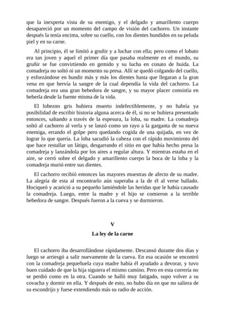 que la inexperta vista de su enemigo, y el delgado y amarillento cuerpo
desapareció por un momento del campo de visión del cachorro. Un instante
después la tenía encima, sobre su cuello, con los dientes hundidos en su peluda
piel y en su carne.
Al principio, él se limitó a gruñir y a luchar con ella; pero como el lobato
era tan joven y aquel el primer día que pasaba realmente en el mundo, su
gruñir se fue convirtiendo en gemido y su lucha en conato de huida. La
comadreja no soltó ni un momento su presa. Allí se quedó colgando del cuello,
y esforzándose en hundir más y más los dientes hasta que llegaran a la gran
vena en que hervía la sangre de la cual dependía la vida del cachorro. La
comadreja era una gran bebedora de sangre, y su mayor placer consistía en
beberla desde la fuente misma de la vida.
El lobezno gris hubiera muerto indefectiblemente, y no habría ya
posibilidad de escribir historia alguna acerca de él, si no se hubiera presentado
entonces, saltando a través de la espesura, la loba, su madre. La comadreja
soltó al cachorro al verla y se lanzó como un rayo a la garganta de su nueva
enemiga, errando el golpe pero quedando cogida de una quijada, en vez de
lograr lo que quería. La loba sacudió la cabeza con el rápido movimiento del
que hace restallar un látigo, desgarrando el sitio en que había hecho presa la
comadreja y lanzándola por los aires a regular altura. Y mientras estaba en el
aire, se cerró sobre el delgado y amarillento cuerpo la boca de la loba y la
comadreja murió entre sus dientes.
El cachorro recibió entonces las mayores muestras de afecto de su madre.
La alegría de esta al encontrarlo aún superaba a la de él al verse hallado.
Hociqueó y acarició a su pequeño lamiéndole las heridas que le había causado
la comadreja. Luego, entre la madre y el hijo se comieron a la terrible
bebedora de sangre. Después fueron a la cueva y se durmieron.
V
La ley de la carne
El cachorro iba desarrollándose rápidamente. Descansó durante dos días y
luego se arriesgó a salir nuevamente de la cueva. En esa ocasión se encontró
con la comadreja pequeñuela cuya madre había él ayudado a devorar, y tuvo
buen cuidado de que la hija siguiera el mismo camino. Pero en esta correría no
se perdió como en la otra. Cuando se halló muy fatigado, supo volver a su
covacha y dormir en ella. Y después de esto, no hubo día en que no saliera de
su escondrijo y fuese extendiendo más su radio de acción.
 