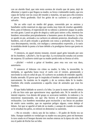con un alarido final, que más tenía acentos de triunfo que de pena, dejó de
alborotar y esperó a que llegara su madre, su feroz e indomable madre, que era
capaz de luchar con las cosas del mundo y matarlas, sin que para ella existiera
el pavor. Venía gruñendo. Oyó los gritos de su cachorro y se precipitó a
salvarlo.
De un salto cayó en medio del grupo, convertida por su ansioso y
batallador cariño maternal en algo que estaba muy lejos de resultar agradable.
Pero, para el lobezno, el espectáculo de su rabioso y protector ataque no podía
ser más grato. Lanzó un grito de alegría y saltó para unirse a ella, mientras los
hombres retrocedían precipitadamente a bastantes pasos de distancia. La loba
se quedó en pie, arrimada a su cachorro en ademán protector, desafiando a los
hombres, con el pelo erizado y gruñendo con ronca y profunda voz. Tenía la
cara descompuesta, torcida, con maligna y amenazadora expresión, y la nariz
le temblaba desde la punta a la base debido a la prodigiosa fuerza que ponía en
su gruñir.
Y entonces, en aquel mismo instante, resonó aquel grito lanzado por uno
de los hombres. «¡Kiche!», fue lo que dijo. La exclamación sonaba con acento
de sorpresa. El cachorro sintió que su madre perdía toda su fiereza al oírla.
—¡Kiche! —volvió a gritar el hombre; pero esta vez con voz dura,
autoritaria.
Y entonces el lobezno vio cómo su madre, la loba, la invencible, la
intrépida, se agachaba hasta tocar el suelo con el vientre, gimoteando y
moviendo la cola en señal de paz. El cachorro no acababa de entender aquello.
Estaba aterrado. El pavor que le inspiraba el hombre se había apoderado de él
nuevamente. Su instinto no le engañó; y de su certeza daba fe la madre.
También ella rendía acatamiento a aquella clase de animales que eran los
hombres.
El que había hablado se acercó a la loba. Le puso la mano sobre la cabeza
y ella no hizo más que aproximarse muy agachada aún. Ni le mordió ni lo
intentó siquiera. Los demás del grupo se acercaron también, la rodearon y la
estuvieron manoseando, sin que ella hiciera el menor movimiento para
rechazarlos. Los hombres mostraban gran excitación y sus bocas no paraban
de emitir raros sonidos, que no suponían peligro alguno, como dedujo el
lobato. Así que se agachó al lado de su madre, y aunque de cuando en cuando
se le erizaban los pelos, se esforzó en demostrar su sumisión.
—No es extraño —decía uno de los indios—. El padre de Kiche era un
lobo. Aunque también es verdad que su madre era una perra; pero mi hermano
la tuvo atada en el bosque durante tres noches enteras en la época de celo. Por
eso el padre de Kiche fue un lobo.
 