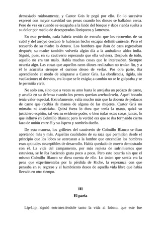demasiado ruidosamente, y Castor Gris le pegó por ello. En lo sucesivo
expresó con mayor suavidad sus penas cuando los dioses se hallaban cerca.
Pero de vez en cuando se escapaba a la linde del bosque y daba rienda suelta a
su dolor por medio de desesperados lloriqueos y lamentos.
En este período, nada habría tenido de extraño que los recuerdos de su
cubil y del arroyo cercano le hubieran hecho escapar definitivamente. Pero el
recuerdo de su madre lo detuvo. Los hombres que iban de caza regresaban
después; su madre también volvería algún día a la ambulante aldea india.
Siguió, pues, en su cautiverio esperando que ella volviera. Después de todo,
aquello no era tan malo. Había muchas cosas que le interesaban. Siempre
ocurría algo. Las cosas que aquellos raros dioses realizaban no tenían fin, y a
él le acuciaba siempre el curioso deseo de verlas. Por otra parte, iba
aprendiendo el modo de adaptarse a Castor Gris. La obediencia, rígida, sin
vacilaciones ni desvíos, era lo que se le exigía; a cambio no se le golpeaba y se
le permitía vivir.
No solo eso, sino que a veces su amo hasta le arrojaba un pedazo de carne,
y acudía en su defensa cuando los perros querían arrebatárselo. Aquel bocado
tenía valor especial. Extrañamente, valía mucho más que la docena de pedazos
de carne que recibía de manos de alguna de las mujeres. Castor Gris no
mimaba ni acariciaba. Quizá fuera lo dura que tenía la mano, quizá su
justiciero espíritu, tal vez su evidente poder, o bien todas estas cosas juntas, lo
que influyó en Colmillo Blanco; pero la verdad era que se iba formando cierto
lazo de unión entre él y su áspero y sombrío dueño.
De esta manera, los grilletes del cautiverio de Colmillo Blanco se iban
apretando más y más. Aquellas cualidades de su raza que permitían desde el
principio que los lobos se acercaran a la lumbre que encendían los hombres
eran aptitudes susceptibles de desarrollo. Había quedado de nuevo demostrado
con él. La vida del campamento, por más repleta de sufrimientos que
estuviera, se le iba haciendo grata poco a poco. Pero esto ocurría sin que el
mismo Colmillo Blanco se diera cuenta de ello. Lo único que sentía era la
pena que experimentaba por la pérdida de Kiche, la esperanza con que
pensaba en su regreso y el hambriento deseo de aquella vida libre que había
llevado en otro tiempo.
III
El paria
Lip-Lip, siguió entristeciéndole tanto la vida al lobato, que este fue
 