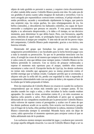 objeto de todo gruñido es prevenir o asustar, y requiere cierto discernimiento
el saber cuándo debe usarse. Colmillo Blanco poseía este don. En cada uno de
sus gruñidos él ponía cuanto sabía imaginar de malvado y terrorífico. Con la
nariz arrugada por espasmódicas contracciones continuas, el pelaje erizado en
ondas periódicas, sacando y escondiendo rápidamente la lengua, que parecía
una serpiente roja, las orejas gachas, los ojos relampagueantes de ira, los
belfos contraídos, y descubiertos los babeantes colmillos, era capaz de hacer
retroceder a cualquiera que pensara en atacarle. Y esta pausa momentánea
dejaba a su adversario desprevenido, y le daba a él tiempo, en tan decisivo
momento, para determinar lo que debía hacer. Pero, con frecuencia, aquella
pausa, obtenida de aquel modo, se prolongaba hasta dar por resultado que el
otro renunciara al ataque por completo. Y ante más de uno de los perros viejos
del campamento, Colmillo Blanco pudo emprender, gracias a esa táctica, una
honrosa retirada.
Desterrado del grupo que formaban los perros más jóvenes, sus
sanguinarios procedimientos y sus facultades para la lucha hicieron pagar cara
a toda la manada su persecución. Ya que no le permitían mezclarse con los
otros, él arregló las cosas de tal manera que tampoco los demás eran dueños de
ir solos como él, sino que debían estar siempre juntos. Colmillo Blanco no les
hubiera permitido lo contrario. Con su táctica de preparar emboscadas y
esperar el momento más oportuno para el ataque, también ellos temían
encontrarse a solas con él. Excepción hecha de Lip-Lip, los demás cachorros
no tenían más remedio que agruparse para su mutua protección contra el
terrible enemigo que se habían creado. Cualquier perrillo que se aventuraba a
alejarse solo por la orilla del río, perdía con seguridad la vida o regresaba al
campamento alborotándolo todo con sus gritos de dolor y de espanto al huir de
la celada que le había preparado el lobato.
Pero las represalias de Colmillo Blanco no cesaron ni cuando los cachorros
comprendieron que no tenían más remedio que ir siempre juntos. Él los
atacaba cuando los cogía a solas, y ellos iniciaban la lucha cuando estaban
agrupados. En cuanto lo veían, arremetían contra él, y en tales ocasiones su
ligereza solía ponerlo a salvo. Pero ¡desdichado el perro que se apartaba
demasiado de sus compañeros enardecido por la persecución! Colmillo Blanco
sabía volverse de repente contra el perseguidor y acabar con él antes de que
los demás pudieran acudir en su auxilio. Esto ocurría con frecuencia; porque
con el fragor de la lucha, ellos perdían fácilmente la cabeza, mientras Colmillo
Blanco conservaba siempre la serenidad. Mirando hacia atrás sin dejar de
correr, sabía aprovechar el momento oportuno para arrojarse contra el que se
había adelantado más de lo prudente.
Los cachorros sienten siempre necesidad de jugar, y acabaron por convertir
en juego aquella obligada situación. La caza de Colmillo Blanco llegó a ser su
 