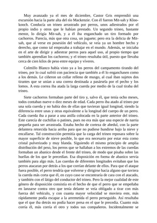 Muy avanzado ya el mes de diciembre, Castor Gris emprendió una
excursión hacia la parte alta del río Mackenzie. Con él fueron Mit-sah y Kloo-
kooch. Conducía un trineo arrastrado por perros, unos adiestrados por el
propio indio y otros que le habían prestado. Un segundo trineo, bastante
menor, lo dirigía Mit-sah, y a él iba enganchado un tiro formado por
cachorros. Parecía, más que otra cosa, un juguete; pero era la delicia de Mit-
sah, que al verse en posesión del vehículo, se veía ya un hombre hecho y
derecho, que como tal empezaba a trabajar en el mundo. Además, se iniciaba
en el arte de dirigir y adiestrar perros para aquel uso, al propio tiempo que
también aprendían los cachorros; y el trineo resultaba útil, puesto que llevaba
cerca de cien kilos de peso entre equipo y víveres.
Colmillo Blanco había visto ya a los perros del campamento tirando del
trineo, por lo cual sufrió con paciencia que también a él lo enganchasen como
a los demás. Le ciñeron un collar relleno de musgo, al cual iban sujetos dos
tirantes que se unían a una correa destinada a pasársela por el pecho y los
lomos. A esta correa iba atada la larga cuerda por medio de la cual tiraba del
trineo.
Siete cachorros formaban parte del tiro y, salvo él, que tenía ocho meses,
todos contaban nueve o diez meses de edad. Cada perro iba atado al trineo por
una sola cuerda y no había dos de ellas que tuvieran igual longitud, siendo la
diferencia entre unas y otras equivalente a la longitud del cuerpo de un perro.
Cada cuerda iba a parar a una anilla colocada en la parte anterior del trineo.
Este carecía de cuchillas o patines, pues no era más que una especie de narria
pequeña para ser arrastrada. Estaba hecho de corteza de abedul, con la parte
delantera retorcida hacia arriba para que no pudiese hundirse bajo la nieve y
encallarse. Tal construcción permitía que la carga del trineo reposara sobre la
mayor superficie de nieve posible, lo que era necesario por estar esta como
cristal pulverizado y muy blanda. Siguiendo el mismo principio de amplia
distribución del peso, los perros que se hallaban a los extremos de las cuerdas
formaban un abanico desde el frente del trineo, de modo que pisaba sobre las
huellas de los que le precedían. Esa disposición en forma de abanico servía
también para algo más. Las cuerdas de diferentes longitudes evitaban que los
perros atacaran por detrás a los que corrían delante de ellos. Para que el ataque
fuera posible, el perro tendría que volverse y dirigirse hacia alguno que tuviera
la cuerda más corta que él, en cuyo caso se encontraría de cara con el atacado,
y también con el látigo del conductor del trineo. Pero la mejor cualidad de este
género de disposición consistía en el hecho de que el perro que se empeñaba
en lanzarse contra otro que tenía delante se veía obligado a tirar con más
fuerza del vehículo, y con cuanta mayor velocidad se moviera este, más
rápidamente podía escapar a la arremetida el perro perseguido. Así resultaba
que el que iba detrás no podía hacer presa en el que le precedía. Cuanto más
corría él, más corría el otro y todos sus compañeros. Incidentalmente se
 