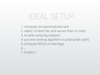 IDEAL SETUP 
1. compute non-personalized rank 
2. select 10 best hits and serves them in order 
3. re-rank using log analysis. 
4. put new ranking algorithm in prod (yeah right!) 
5. compute NDCG on new logs 
6. … 
7. Profits !! 
 