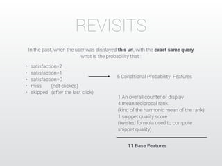 REVISITS 
In the past, when the user was displayed this url, with the exact same query 
what is the probability that : 
• satisfaction=2 
• satisfaction=1 
• satisfaction=0 
• miss (not-clicked) 
• skipped (after the last click) 
5 Conditional Probability Features 
1 An overall counter of display 
4 mean reciprocal rank 
(kind of the harmonic mean of the rank) 
1 snippet quality score 
(twisted formula used to compute 
snippet quality) 
11 Base Features 
 