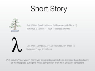 Short Story 
Point Wise, Random Forest, 30 Features, 4th Place (*) 
Optimize & Train in ~ 1 hour (12 cores), 24 trees 
List Wise , LambdaMART, 90 Features, 1st Place (*) 
Trained in 2 days, 1135 Trees 
(*) A Yandex “PaceMaker" Team was also displaying results on the leaderboard and were 
at the first place during the whole competition even if not officially contestant 
 