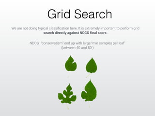 Grid Search 
We are not doing typical classification here. It is extremely important to perform grid 
search directly against NDCG final score. 
NDCG “conservatism” end up with large “min samples per leaf” 
(between 40 and 80 ) 
 