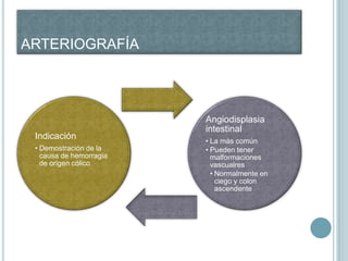 ARTERIOGRAFÍA




                         Angiodisplasia
                         intestinal
 Indicación              • La más común
 • Demostración de la    • Pueden tener
   causa de hemorragia     malformaciones
   de origen cólico        vascualres
                           • Normalmente en
                             ciego y colon
                             ascendente
 