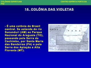 16. COLÔNIA DAS VIOLETAS
- É uma colônia do Brasil
central. Se estende do rio
Sucunduri (AM) ao Parque
Nacional do Araguaia (TO),
passando pela Serra do
Cachimbo, por Santa Maria
das Bandeiras (PA) e pela
Serra dos Apiaçás e Alta
Floresta (MT).
COLÔNIAS ESPIRITUAIS CENTRO ESPÍRITA PORTO DA
PAZ
 