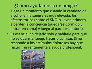 ¿Cómo ayudamos a un amigo?
Llega un momento que cuando la cantidad de
alcohol en la sangre es muy elevada, los
efectos tóxicos sobre el SNC lo llevan primero
a perder la conciencia (quedarse dormido y
entrar en coma) y luego al paro respiratorio.
• Es esencial no dejarlo solo y hablarle para que
no se duerma. Luego hacerlo vomitar. Si no
responde a los estímulos dolorosos hay que
recurrir urgentemente a ayuda profesional.
 