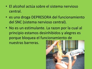 • El alcohol actúa sobre el sistema nervioso
central.
• es una droga DEPRESORA del funcionamiento
del SNC (sistema nervioso central).
• No es un estimulante. La razon por la cual al
principio estamos desinhibidos y alegres es
porque bloquea el funcionamiento de
nuestras barreras.
 