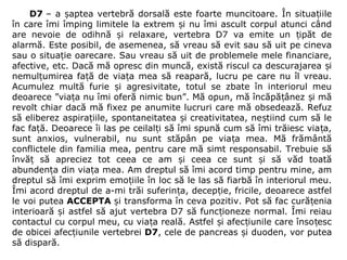D7 – a aptea vertebră dorsală este foarte muncitoare. În situa iileș ț
în care îmi împing limitele la extrem i nu îmi ascult corpul atunci cândș
are nevoie de odihnă i relaxare, vertebra D7 va emite un ipăt deș ț
alarmă. Este posibil, de asemenea, să vreau să evit sau să uit pe cineva
sau o situa ie oarecare. Sau vreau să uit de problemele mele financiare,ț
afective, etc. Dacă mă opresc din muncă, există riscul ca descurajarea iș
nemul umirea fa ă de via a mea să reapară, lucru pe care nu îl vreau.ț ț ț
Acumulez multă furie i agresivitate, totul se zbate în interiorul meuș
deoarece ”via a nu îmi oferă nimic bun”. Mă opun, mă încăpă ânez i măț ț ș
revolt chiar dacă mă fixez pe anumite lucruri care mă obsedează. Refuz
să eliberez aspira iile, spontaneitatea i creativitatea, ne tiind cum să leț ș ș
fac fa ă. Deoarece îi las pe ceilal i să îmi spună cum să îmi trăiesc via a,ț ț ț
sunt anxios, vulnerabil, nu sunt stăpân pe via a mea. Mă frământăț
conflictele din familia mea, pentru care mă simt responsabil. Trebuie să
învă să apreciez tot ceea ce am i ceea ce sunt i să văd toatăț ș ș
abunden a din via a mea. Am dreptul să îmi acord timp pentru mine, amț ț
dreptul să îmi exprim emo iile în loc să le las să fiarbă în interiorul meu.ț
Îmi acord dreptul de a-mi trăi suferin a, decep ie, fricile, deoarece astfelț ț
le voi putea ACCEPTA i transforma în ceva pozitiv. Pot să fac cură eniaș ț
interioară i astfel să ajut vertebra D7 să func ioneze normal. Îmi reiauș ț
contactul cu corpul meu, cu via a reală. Astfel i afec iunile care înso escț ș ț ț
de obicei afec iunile vertebreiț D7, cele de pancreas i duoden, vor puteaș
să dispară.
 