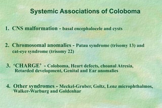 Systemic Associations of Coloboma
1. CNS malformation - basal encephalocele and cysts
2. Chromosomal anomalies - Patau syndrome (trisomy 13) and
cat-eye syndrome (trisomy 22)
3. ‘CHARGE’ - Coloboma, Heart defects, choanal Atresia,
Retarded development, Genital and Ear anomalies
4. Other syndromes - Meckel-Gruber, Goltz, Lenz microphthalmos,
Walker-Warburg and Goldenhar
 