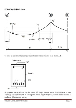 ING. JOSÉ RAFAEL GRIMÁN MORALES Página 9
COLOCACIÓN DEL As +
Se tiene la sección crítica correspondiente a momento máximo en el tramo A-B
Se propone cortar primero las dos barras #7, luego las dos barras #8 ubicada en la zona
central, y las dos barras #8 en las esquinas deben llegar al apoyo, pasando como mínimo 15
cm luego del centro del apoyo.
 