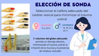 ELECCIÓN DE SONDA
Seleccionar el calibre adecuado del
catéter vesical para minimizar el trauma
uretral
14 y 16 Fr
MUJERES HOMBRES
16, 18, 20 y
22 Fr
El volumen del globo adecuado
permite un drenaje efectivo,
minimizando el trauma uretral, la
irritación de la mucosa y la presencia
de residuos vesicales
 