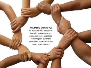 TRABALHO EM GRUPO: 
As equipes irão pesquisar 
junto às suas empresas, 
ou na internet, aspectos, 
informações e pontos 
essenciais repassados aos 
novos empregados. 
 