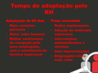 Tempo de adaptação pelo 
RH 
Adaptação de 05 dias 
• Mais contatos 
pessoais 
• Maior calor humano 
• Melhor sentimento 
de recepção pelo 
novo empregado, 
sem o sentimento de 
técnica impessoal 
Prazo encurtado 
• Reduz explanações 
• Adoção de materiais 
impressos 
• Informações 
sistematizadas e 
revistas 
• Sem improvisações 
• Empregado inicia 
mais cedo 
 