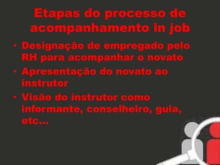 Etapas do processo de 
acompanhamento in job 
• Designação de empregado pelo 
RH para acompanhar o novato 
• Apresentação do novato ao 
instrutor 
• Visão do instrutor como 
informante, conselheiro, guia, 
etc... 
 