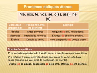 Pronomes oblíquos átonos
             Me, nos, te, vos, se, o(s), a(s), lhe
                             (s)
Colocação        Posicionamento                    Exemplo
pronominal         do pronome
  Próclise        Antes do verbo        Ninguém se feriu no acidente.
 Mesóclise      Intercalado no verbo     Entregar-te-ei o livro amanhã.
   Ênclise        Depois do verbo      Hoje, arrependo-me do que disse.


Orientações práticas
1ª na variedade padrão, não é válido iniciar a oração com pronome átono.
2ª a próclise é sempre correta, desde que, antes do verbo, não haja
pausa (silêncio, na fala; sinal de pontuação, na escrita).
Dirigiu-se ao amigo, desculpou-se pelo erro, afastou-se em silêncio
 