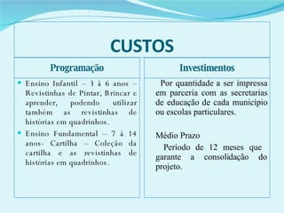 CUSTOS Programação Investimentos Ensino Infantil – 3 á 6 anos – Revistinhas de Pintar, Brincar e aprender, podendo utilizar também as revistinhas de histórias em quadrinhos.  Ensino Fundamental – 7 á 14 anos- Cartilha – Coleção da cartilha e as revistinhas de histórias em quadrinhos.  Por quantidade a ser impressa em parceria com as secretarias de educação de cada município ou escolas particulares. Médio Prazo Período de 12 meses que  garante a consolidação do projeto.   