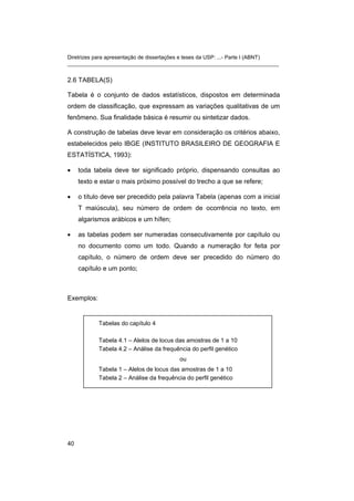 Diretrizes para apresentação de dissertações e teses da USP: ...- Parte I (ABNT)
_______________________________________________________________________


2.6 TABELA(S)

Tabela é o conjunto de dados estatísticos, dispostos em determinada
ordem de classificação, que expressam as variações qualitativas de um
fenômeno. Sua finalidade básica é resumir ou sintetizar dados.

A construção de tabelas deve levar em consideração os critérios abaixo,
estabelecidos pelo IBGE (INSTITUTO BRASILEIRO DE GEOGRAFIA E
ESTATÍSTICA, 1993):

•    toda tabela deve ter significado próprio, dispensando consultas ao
     texto e estar o mais próximo possível do trecho a que se refere;

•    o título deve ser precedido pela palavra Tabela (apenas com a inicial
     T maiúscula), seu número de ordem de ocorrência no texto, em
     algarismos arábicos e um hífen;

•    as tabelas podem ser numeradas consecutivamente por capítulo ou
     no documento como um todo. Quando a numeração for feita por
     capítulo, o número de ordem deve ser precedido do número do
     capítulo e um ponto;



Exemplos:


            Tabelas do capítulo 4

            Tabela 4.1 – Alelos de locus das amostras de 1 a 10
            Tabela 4.2 – Análise da frequência do perfil genético
                                          ou
            Tabela 1 – Alelos de locus das amostras de 1 a 10
            Tabela 2 – Análise da frequência do perfil genético




40
 