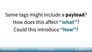 IEEE RFID 2019 Jeffrey Dungen
Some tags might include a payload?
How does this affect “what”?
Could this introduce “how”?
 