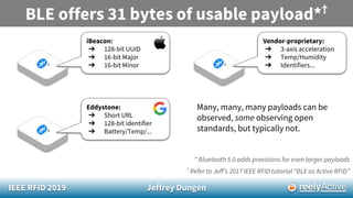 IEEE RFID 2019 Jeffrey Dungen
BLE offers 31 bytes of usable payload*†
†
Refer to Jeff’s 2017 IEEE RFID tutorial “BLE as Active RFID”
* Bluetooth 5.0 adds provisions for even larger payloads
iBeacon:
➔ 128-bit UUID
➔ 16-bit Major
➔ 16-bit Minor
Eddystone:
➔ Short URL
➔ 128-bit identifier
➔ Battery/Temp/...
Vendor-proprietary:
➔ 3-axis acceleration
➔ Temp/Humidity
➔ Identifiers...
Many, many, many payloads can be
observed, some observing open
standards, but typically not.
 