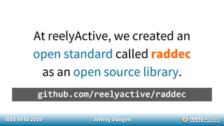 IEEE RFID 2019 Jeffrey Dungen
At reelyActive, we created an
open standard called raddec
as an open source library.
github.com/reelyactive/raddec
 