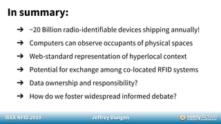 IEEE RFID 2019 Jeffrey Dungen
In summary:
➔ ~20 Billion radio-identifiable devices shipping annually!
➔ Computers can observe occupants of physical spaces
➔ Web-standard representation of hyperlocal context
➔ Potential for exchange among co-located RFID systems
➔ Data ownership and responsibility?
➔ How do we foster widespread informed debate?
 