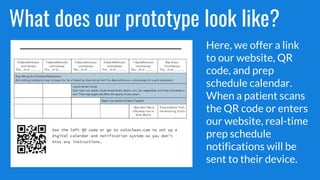What does our prototype look like?
Here, we offer a link
to our website, QR
code, and prep
schedule calendar.
When a patient scans
the QR code or enters
our website, real-time
prep schedule
notifications will be
sent to their device.
 