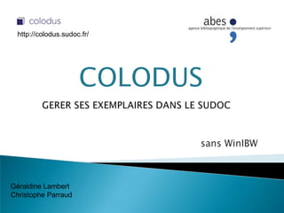 COLODUS
http://colodus.sudoc.fr/
Géraldine Lambert
Christophe Parraud
 