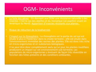 OGM- Inconvénients
• La fuite des gènes : En donnant aux OGM une résistance naturelle à des
insectes. C’est le cas des abeilles et du monarque (un papillon vivant en
Amérique du Nord). Apparition d’insectes résistants aux plantes .
• Risque de réduction de la biodiversité.
• L’impact sur la rhizosphère : La rhizosphère est la partie du sol qui est
située le plus à l?extérieur dans la croûte terrestre ; elle est située dans
l’environnement immédiat des racines des plantes. Elle est donc très riche
en micro-organismes et en substances biologiques.
Il ne peut être donc complètement exclu qu’un jour, les plantes modifiées
produisent un impact sur cet environnement sub-terrestre. Les
populations de micro-organismes y évoluent de façon très réversible en
fonction des hôtes présents et des conditions ambiantes.
 