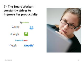 7 - The Smart Worker :
constantly strives to
improve her productivity




C4LPT, 2011                30
 
