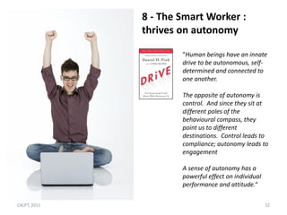 8 - The Smart Worker :
              thrives on autonomy

                      "Human beings have an innate
                      drive to be autonomous, self-
                      determined and connected to
                      one another.

                      The opposite of autonomy is
                      control. And since they sit at
                      different poles of the
                      behavioural compass, they
                      point us to different
                      destinations. Control leads to
                      compliance; autonomy leads to
                      engagement

                      A sense of autonomy has a
                      powerful effect on individual
                      performance and attitude.“

C4LPT, 2011                                           32
 