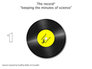The record*
                       “keeping the minutes of science”




      1                                            i
                                                       o fS
                                                           c


                                                                 Th
                                                     en


                                                            e
                                                   e    c


                                                              Re
                                                         c or
                                                             d




*picture inspired by Geoffrey Bilder of CrossRef
 