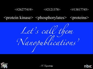 <#26277419>      <#2121378>     <#13817745>

<protein kinase> <phosphorylates> <proteins>


A,icles are full of $ese
   Let’s call $em
      <subject>     <predicate>      <object>


  ‘
      asse,ions/t/ples
     ‘Nanopublications’
   Asse,ion‘        a.k.a.         ‘T/ple’




                   ACKnowledge
 