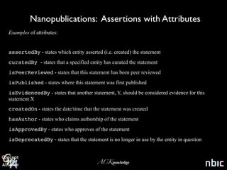 Nanopublications: Assertions with Attributes
Examples of attributes:


assertedBy - states which entity asserted (i.e. created) the statement
curatedBy - states that a specified entity has curated the statement
isPeerReviewed - states that this statement has been peer reviewed
isPublished - states where this statement was first published
isEvidencedBy - states that another statement, Y, should be considered evidence for this
statement X
createdOn - states the date/time that the statement was created
hasAuthor - states who claims authorship of the statement
isApprovedBy - states who approves of the statement
isDeprecatedBy - states that the statement is no longer in use by the entity in question



                                        ACKnowledge
 