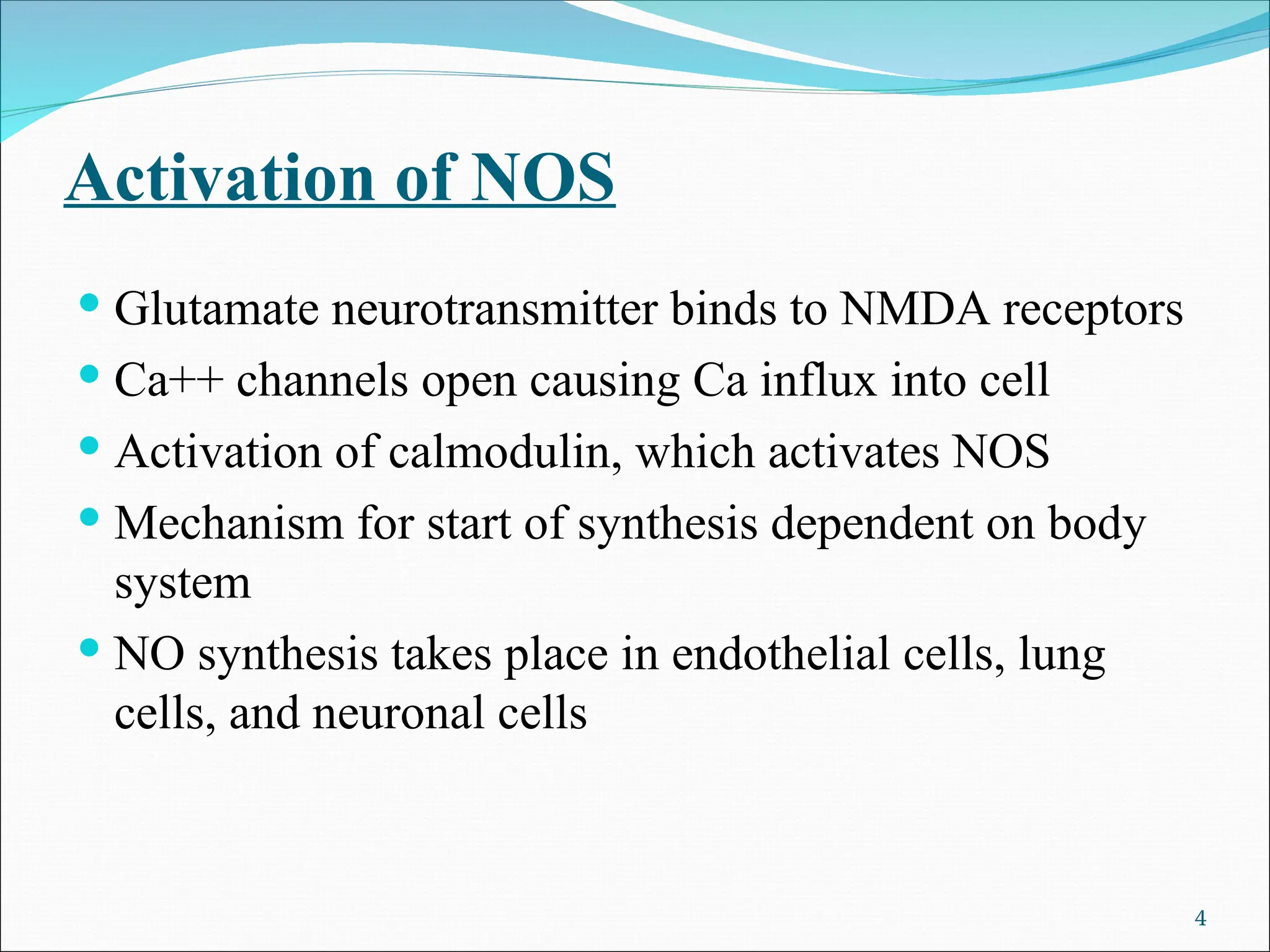 Activation of NOS
 Glutamate neurotransmitter binds to NMDA receptors
 Ca++ channels open causing Ca influx into cell
 Activation of calmodulin, which activates NOS
 Mechanism for start of synthesis dependent on body
system
 NO synthesis takes place in endothelial cells, lung
cells, and neuronal cells
4
 