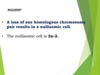 NULLISOMY
• A loss of one homologous chromosome
pair results in a nullisomic cell.
• The nullisomic cell is 2n-2.
 
