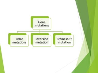 Gene
mutations
Point
mutations
Inversion
mutation
Frameshift
mutation
 