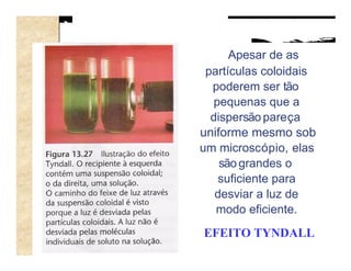 Apesar de as
 partículas coloidais
  poderem ser tão
  pequenas que a
  dispersão pareça
uniforme mesmo sob
um microscópio, elas
    são grandes o
   suficiente para
   desviar a luz de
   modo eficiente.
EFEITO TYNDALL
 