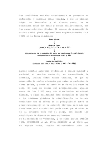 Las condiciones anotadas anteriormente se presentan en
diferentes y extensas zonas regadas, o que se piensan
regar, en Venezuela, y en algunos casos, ya se
encuentran zonas con áreas y suelos salino-sódicos, con
las características citadas. El proceso de desarrollo de
dichos suelos puede representarse esquemáticamente (PLA
1967) en la forma siguiente:
Aunque existen numerosas evidencias a escala mundial y
nacional en sentido contrario, es generalizada la
creencia, incluso entre muchos técnicos, de que el
desarrollo de suelos afectados por sales es exclusivo de
zonas áridas, y donde el tenor de sales en las aguas es
alto. En caso de climas con precipitaciones anuales
cerca de los 1.000 mm., con distribución estacional
marcada, y aguas calificadas como excelentes de acuerdo
a los sistemas clásicos de clasificación, se da por
descartado que el exceso de la precipitación sobre la
evapotranspiración en la estación lluviosa será más que
suficiente para lixiviar las pocas sales que se acumulan
en la estación seca con el riego, aún cuando las
condiciones de drenaje no seen muy buenas.
Se ha observado en Venezuela, y en otras partes (KELLEY
1951; OVERSTREET et al. 1955; SAUBERAN et al 1963) que
en algunos casos, suelos salino-sódicos como los
 