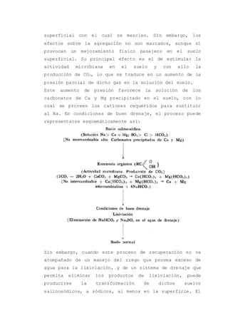 superficial con el cual se mezclan. Sin embargo, los
efectos sobre la agregación no son marcados, aunque sí
provocan un mejoramiento físico pasajero en el suelo
superficial. Su principal efecto es el de estimular la
actividad microbiana en el suelo y con ello la
producción de CO2, lo que se traduce en un aumento de la
presión parcial de dicho gas en la solución del suelo.
Este aumento de presión favorece la solución de los
carbonatos de Ca y Mg precipitado en el suelo, con lo
cual se proveen los cationes requeridos para sustituir
al Na. En condiciones de buen drenaje, el proceso puede
representarse esquemáticamente así:
Sin embargo, cuando este proceso de recuperación no va
acompañado de un manejo del riego que provea exceso de
agua para la lixiviación, y de un sistema de drenaje que
permita eliminar los productos de lixiviación, puede
producirse la transformación de dichos suelos
salinosódicos, a sódicos, al menos en la superficie. El
 