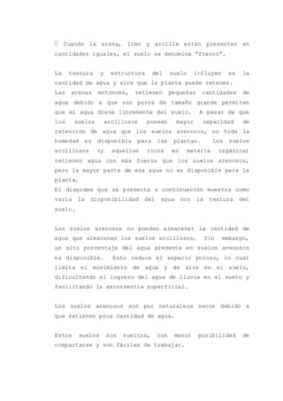Cuando la arena, limo y arcilla están presentes en
cantidades iguales, el suelo se denomina “franco”.
La textura y estructura del suelo influyen en la
cantidad de agua y aire que la planta puede retener.
Las arenas entonces, retienen pequeñas cantidades de
agua debido a que sus poros de tamaño grande permiten
que el agua drene libremente del suelo. A pesar de que
los suelos arcillosos poseen mayor capacidad de
retención de agua que los suelos arenosos, no toda la
humedad es disponible para las plantas. Los suelos
arcillosos (y aquellos ricos en materia orgánica)
retienen agua con más fuerza que los suelos arenosos,
pero la mayor parte de esa agua no es disponible para la
planta.
El diagrama que se presenta a continuación muestra como
varía la disponibilidad del agua con la textura del
suelo.
Los suelos arenosos no pueden almacenar la cantidad de
agua que almacenan los suelos arcillosos. Sin embargo,
un alto porcentaje del agua presente en suelos arenosos
es disponible. Esto reduce el espacio poroso, lo cual
limita el movimiento de agua y de aire en el suelo,
dificultando el ingreso del agua de lluvia en el suelo y
facilitando la escorrentía superficial.
Los suelos arenosos son por naturaleza secos debido a
que retienen poca cantidad de agua.
Estos suelos son sueltos, con menor posibilidad de
compactarse y son fáciles de trabajar.
 