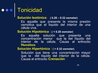 TonicidadTonicidad
Solución IsotónicaSolución Isotónica:: ( 0.28 – 0.32 osmolar)
Es aquella que presenta la misma presión
osmótica que el líquido del interior de una
célula viva.
Solución HipotónicaSolución Hipotónica : ( < 0.28 osmolar)
Es aquella solución que presenta una
concentración menor que la del líquido del
interior de la célula. Causa al eritrocito
HHemólisisemólisis
Solución HipertónicaSolución Hipertónica : ( > 0.32 osmolar)
Solución que tiene una concentración mayor
que la del líquido del interior de la célula.
Causa al eritrocito CrenaciónCrenación
25
 