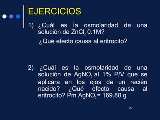 EJERCICIOSEJERCICIOS
1) ¿Cuál es la osmolaridad de una
solución de ZnCl2 0.1M?
¿Qué efecto causa al eritrocito?
2) ¿Cuál es la osmolaridad de una
solución de AgNO3 al 1% P/V que se
aplicara en los ojos de un recién
nacido? ¿Qué efecto causa al
eritrocito? Pm AgNO3 = 169.88 g
27
 